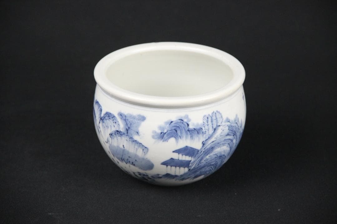 中国美術 南京染付　山水模様　建水　箱付 EA21-21