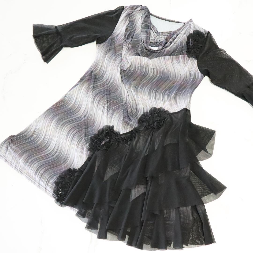 【社交ダンス衣装】ブラックシースルーフリル INIZIO ラテンドレス