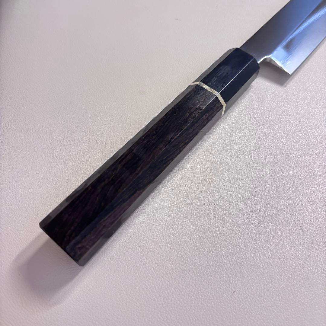 270mm 切付柳刃包丁 鏡面　黒檀黒水牛八角柄 刺身包丁 【全鋼】'鞘付き