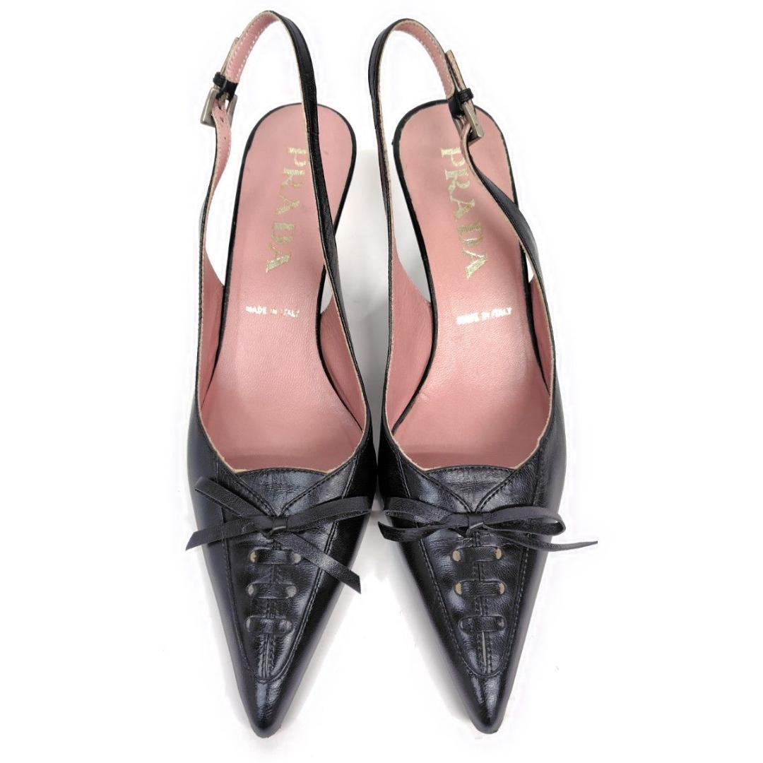 PRADA プラダ サンダル 21.5cm リボン ポインテッド 34.5 黒