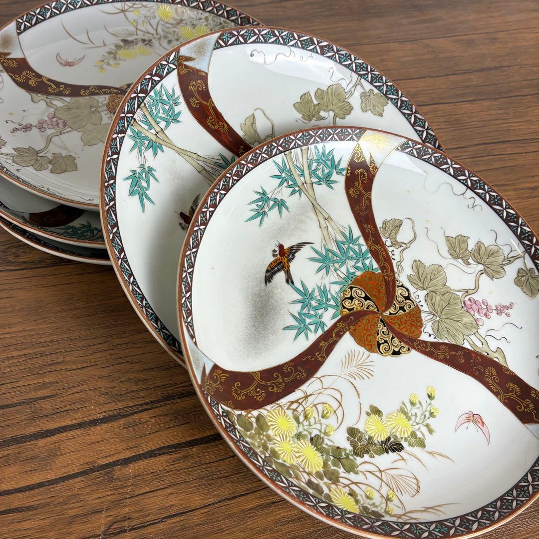 【希少】九谷焼 大正九谷 金彩　小紋　三方割　花鳥図皿 松竹梅色絵皿 中皿