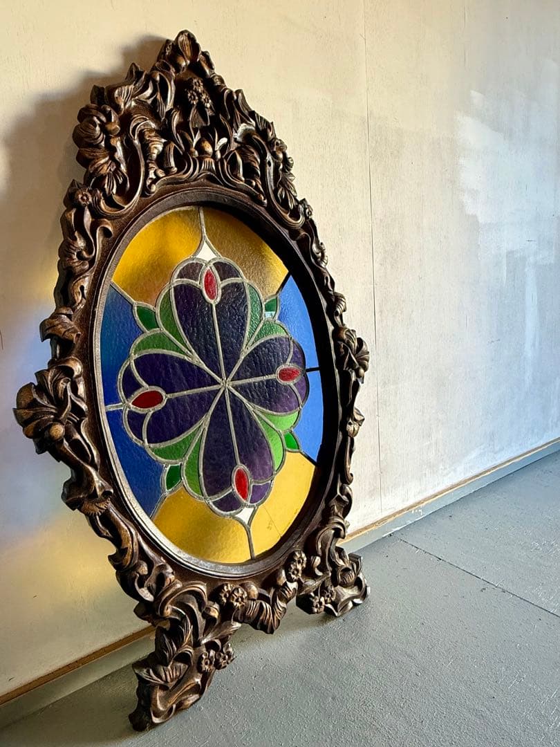 引取り限定 フレーム付き ステンドグラス オブジェ 窓枠