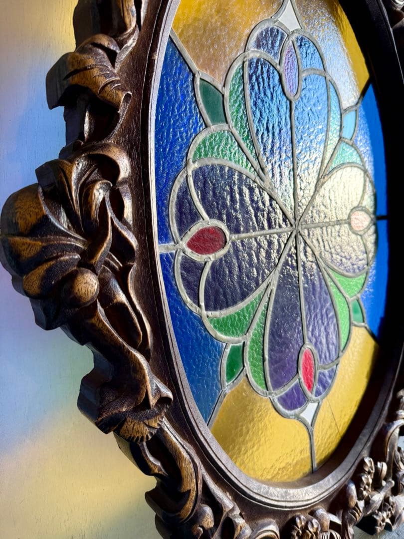 引取り限定 フレーム付き ステンドグラス オブジェ 窓枠