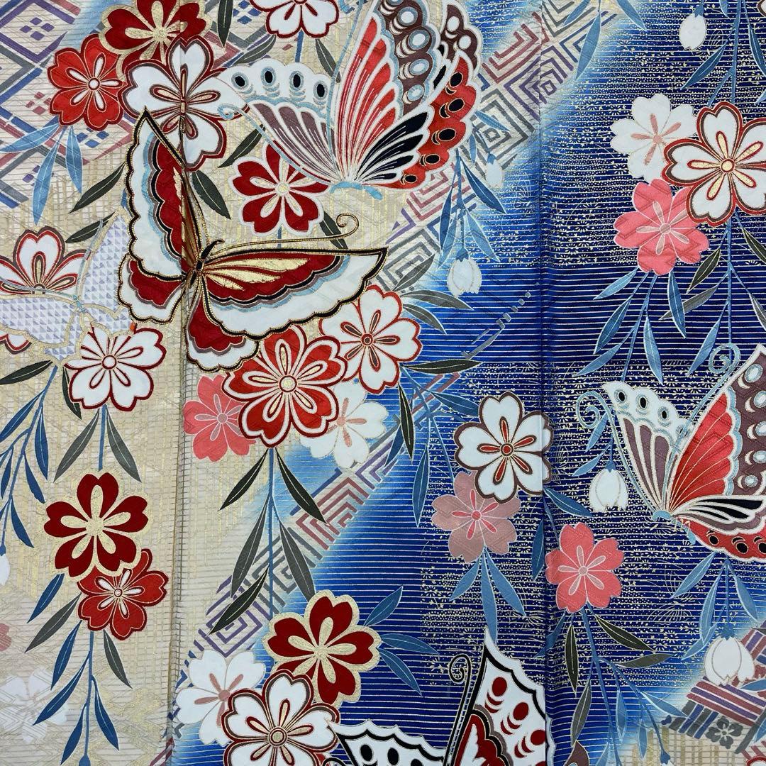 梅乃【172】正絹　振袖　セット　前撮り　成人式　撮影　青　蝶　谷崎潤一郎