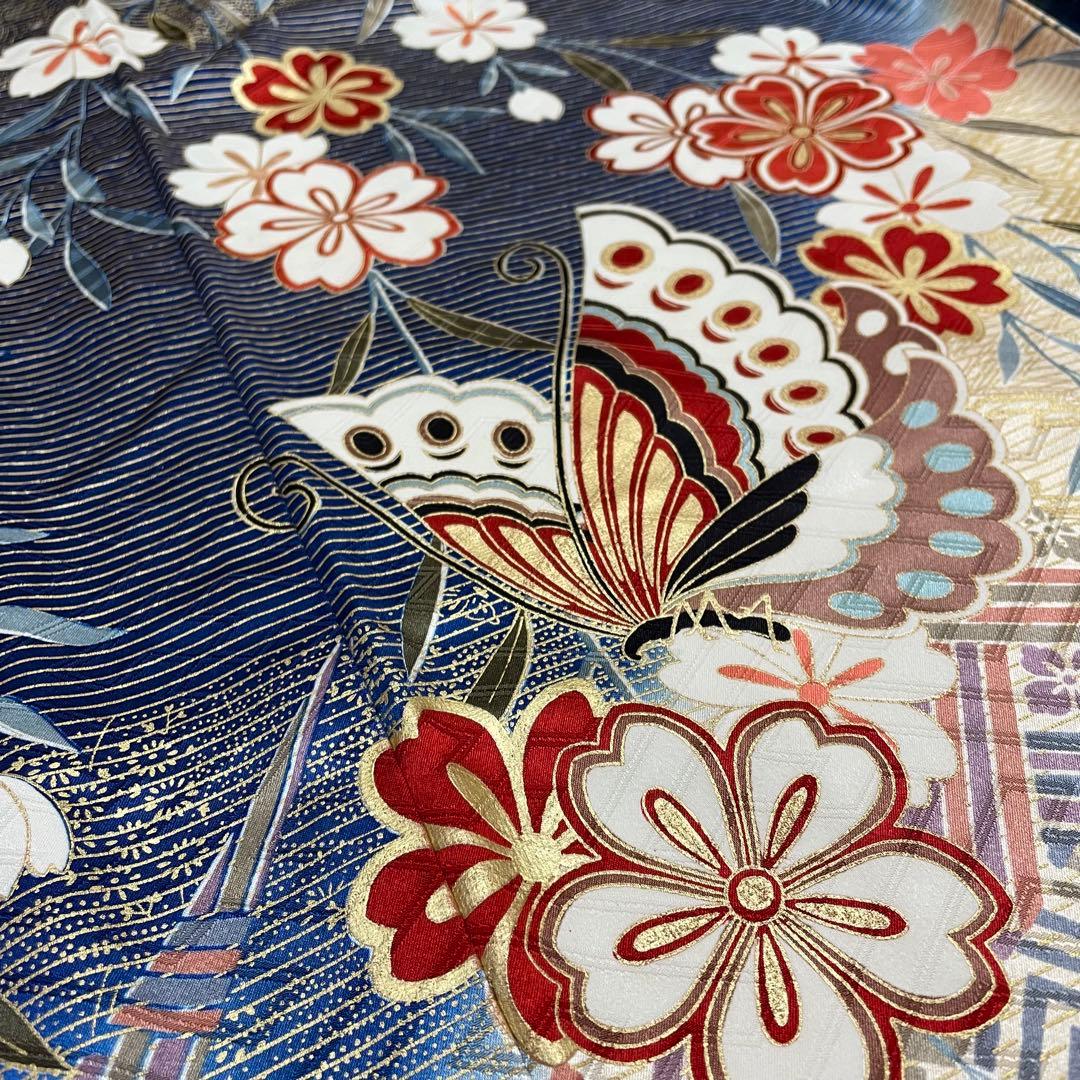 梅乃【172】正絹　振袖　セット　前撮り　成人式　撮影　青　蝶　谷崎潤一郎