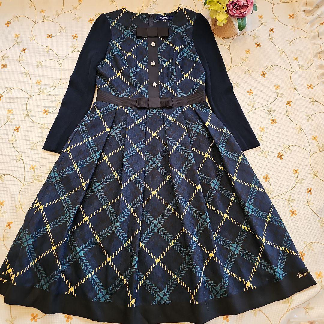 エムズグレイシー♡ワンピース 38　チェック柄　リボン　お花ボタン