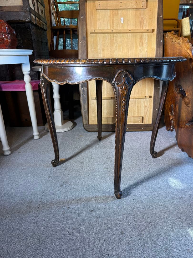 アンティーク 彫刻サロンテーブル 補強安定仕様 ロココ猫脚 直径90cm レトロ