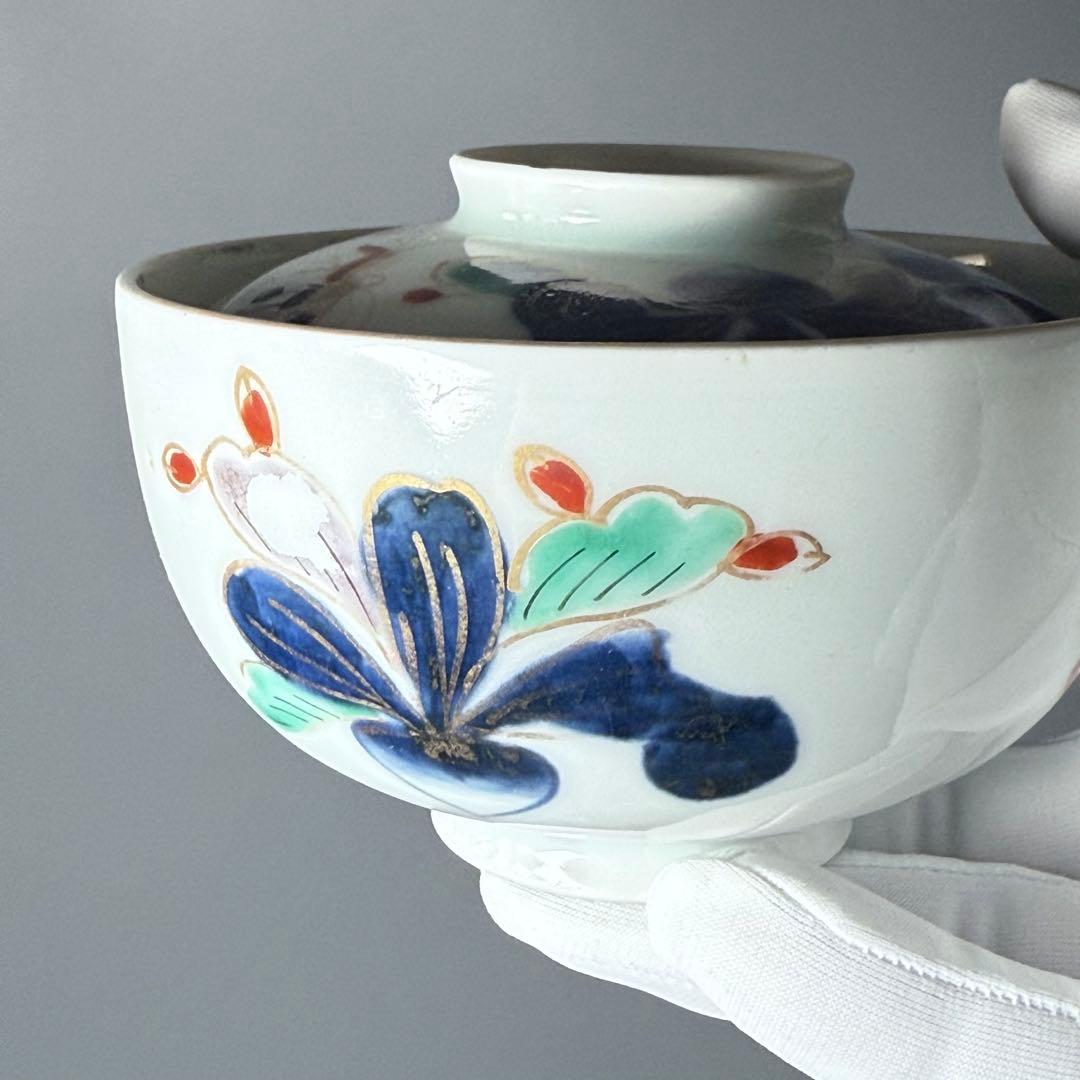 幕末〜明治時代　染錦かぶ文様蓋物　五客　蝶　可愛らしい器　料理屋