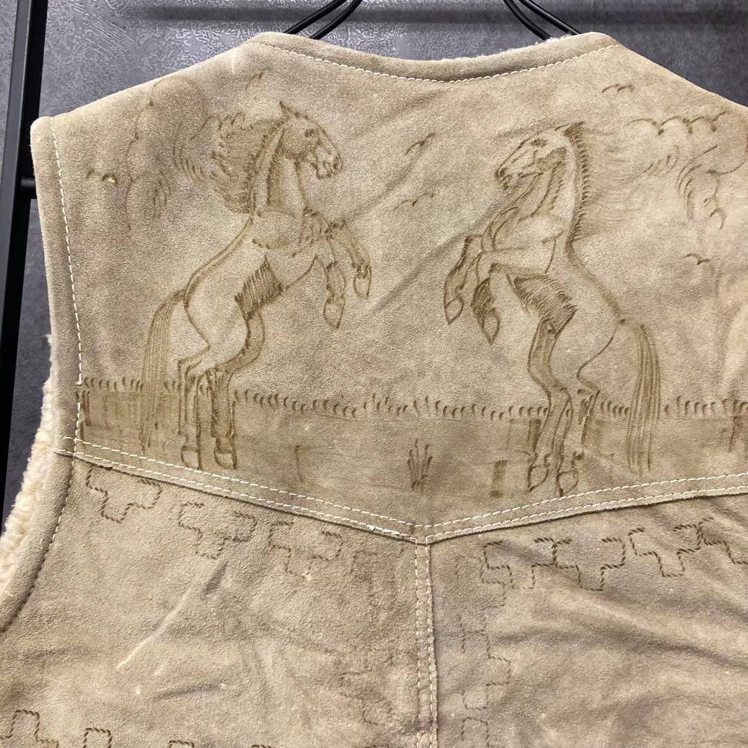 《US古着》ウエスタン ヴィンテージ レザー 裏ボア ベスト メンズM-L