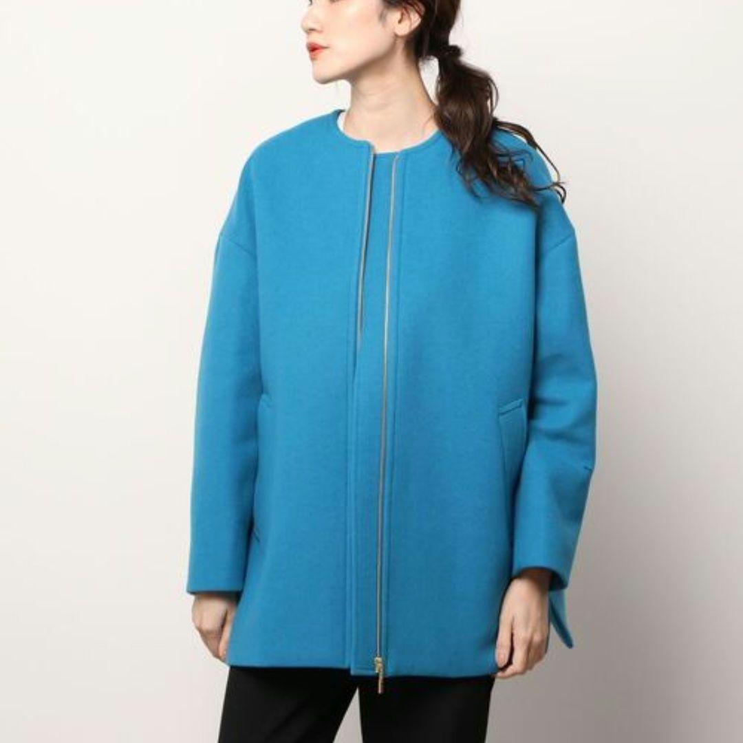 極美品　シップスエニィ　ノンミュールジングウール ノーカラー コート　青