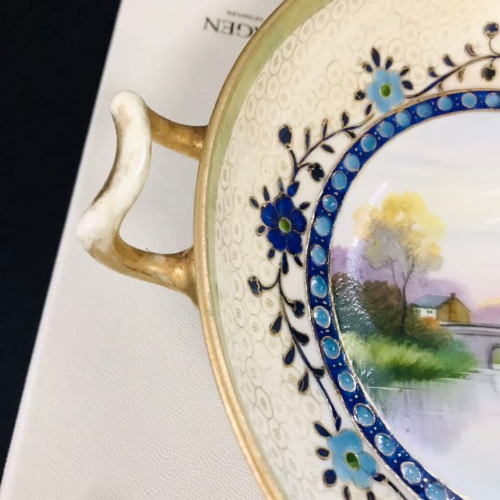 オールドノリタケ  風景画　コンポート　エナメル装飾