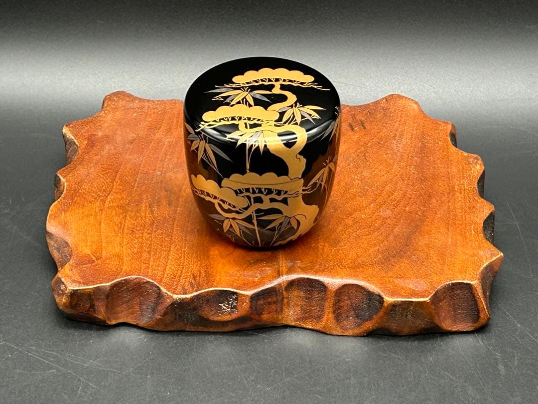 木製　黒塗　平棗　老松蒔絵　金蒔絵　未使用品