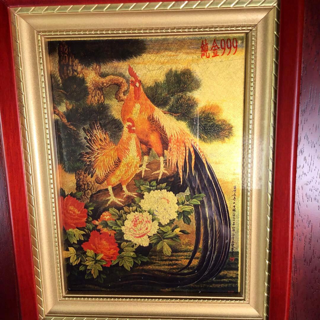 純金 ９９９ Ｋ２４ 尾長鶏 松 牡丹 額縁 GOLD縁起物 ROEN joy