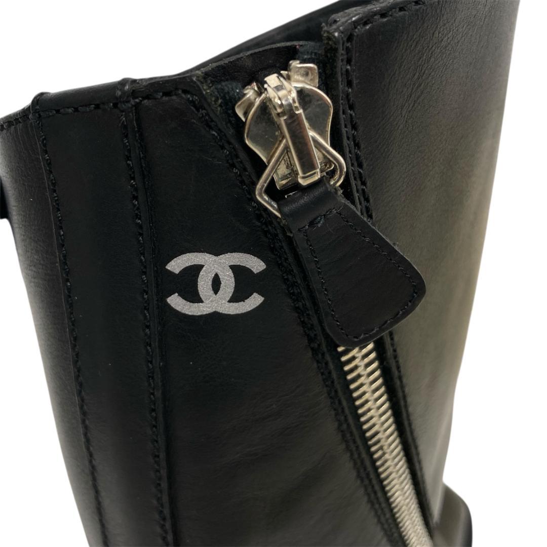 シャネル ココマーク エンジニアブーツ 35C レザー ブラック サイドジップ