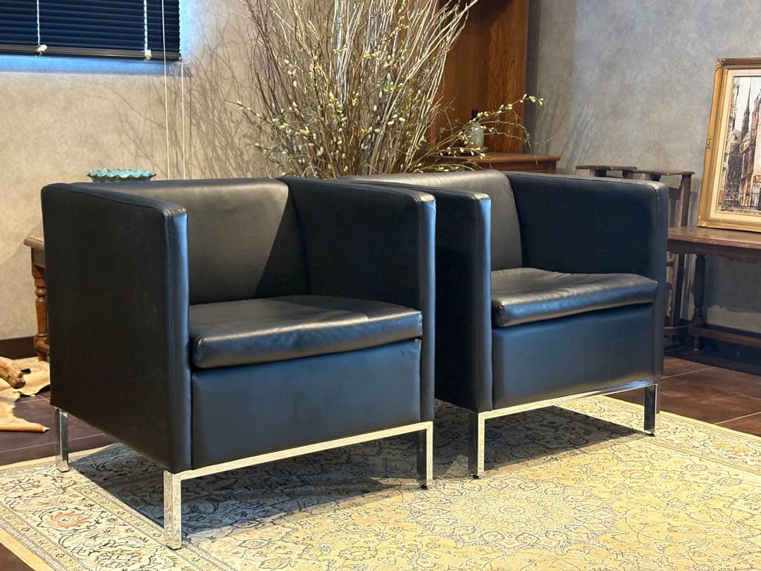 ①ブラック モダン 1人掛けソファ 1Pソファ 合皮レザー アンティーク SG