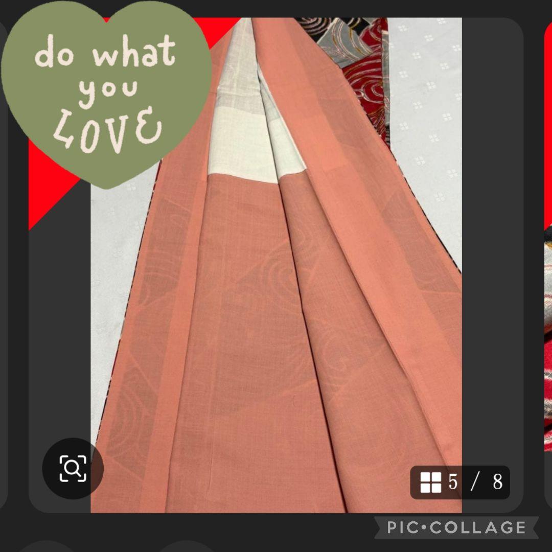 アンティーク銘仙着物【赤黒金グレー 渦巻き（唐草）模様】新品未使用（しつけ糸付）