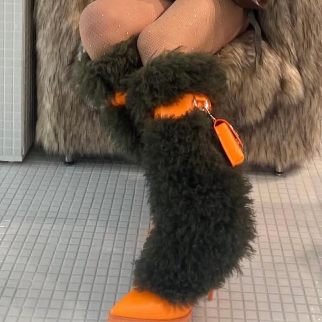 YELLOW イエロー ファー付きハイヒールブーツ