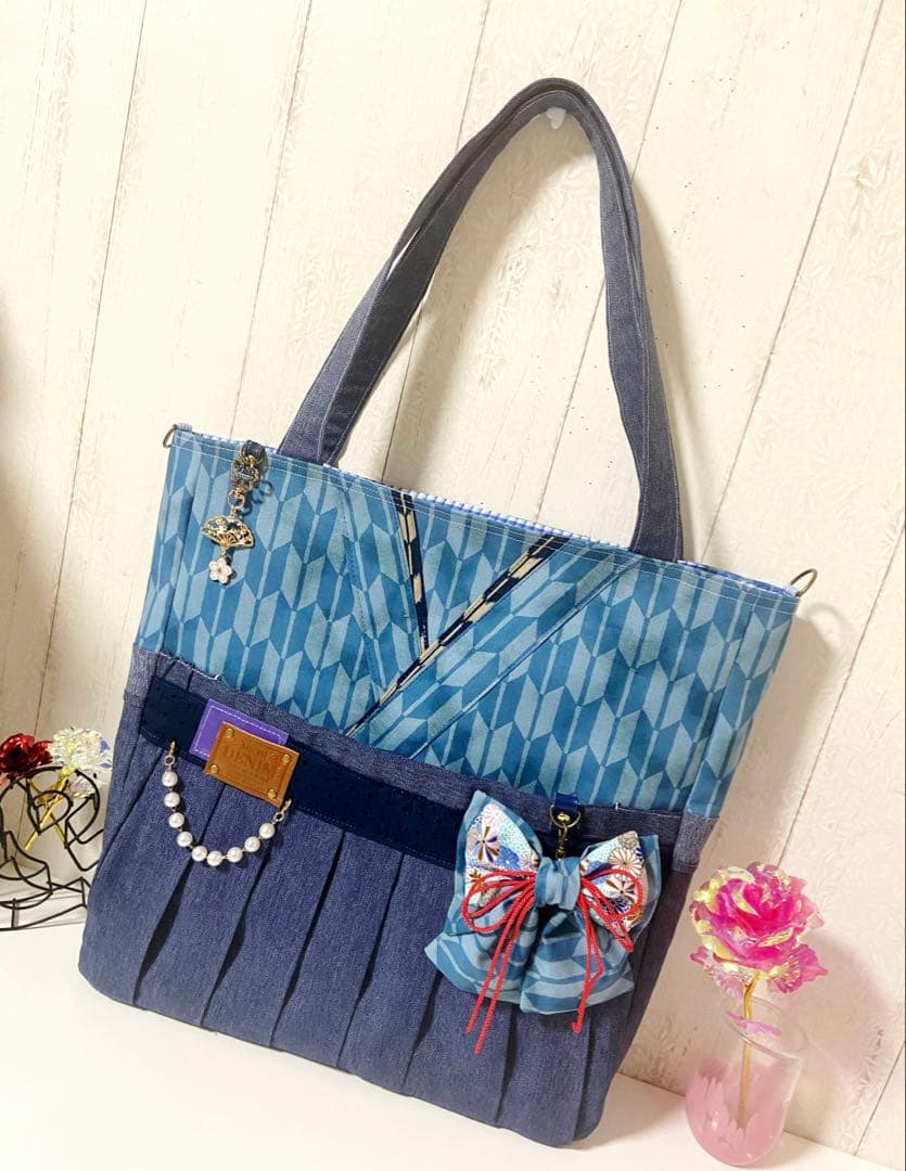 デニムリメイクバックS ベージュフリンジ×わんちゃん