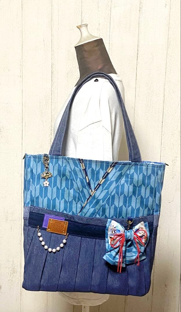 デニムリメイクバックS ベージュフリンジ×わんちゃん