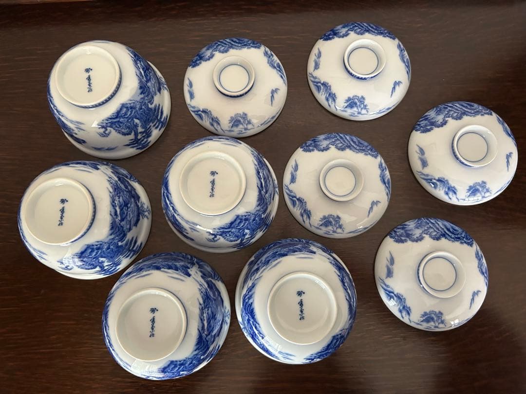 香蘭社　染付山水　蓋付煮物椀　5客