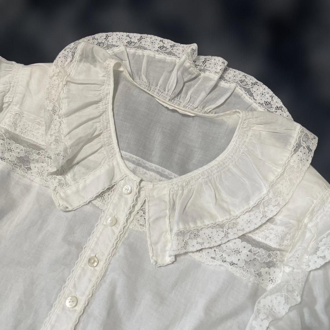 PINK HOUSE ピンクハウス　レース＆フリル　長袖コットンブラウス