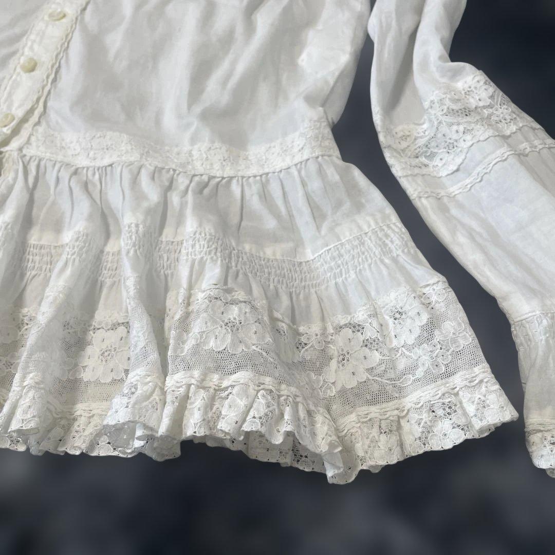 PINK HOUSE ピンクハウス　レース＆フリル　長袖コットンブラウス