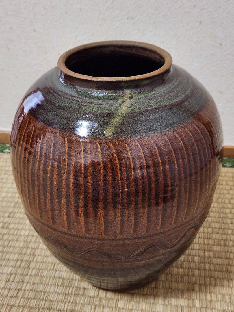 小鹿田焼　飴釉　壺　茶壺