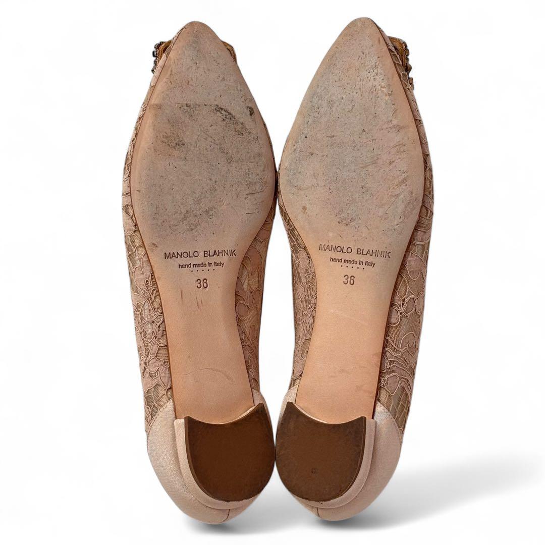 美品 マノロブラニク 36 23 ハンギシ レース ビジュー バックル ベージュ