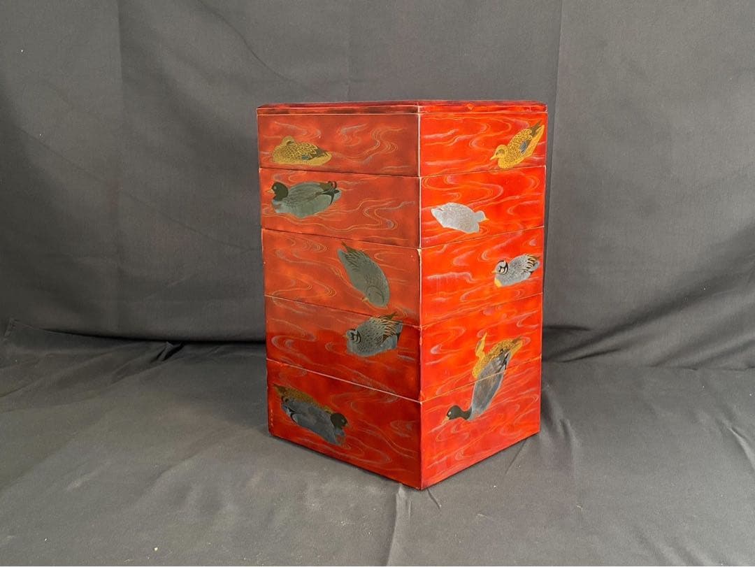 時代漆器 金銀 鴨蒔絵 紅溜 五段重箱 二枚蓋 共箱 木製 / 輪島塗