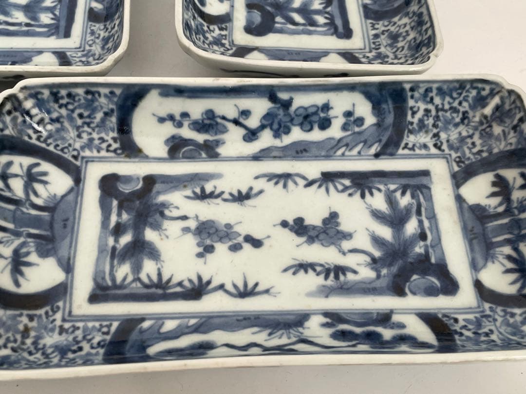 骨董　アンティーク　古伊万里　染付　松竹梅図　長方皿　長皿　鮎皿　向付