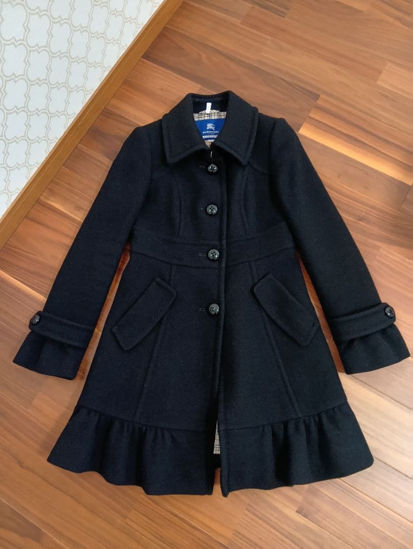 美品■BURBERRY BLUE LABEL　裾フリルウールコート黒　サイズ38