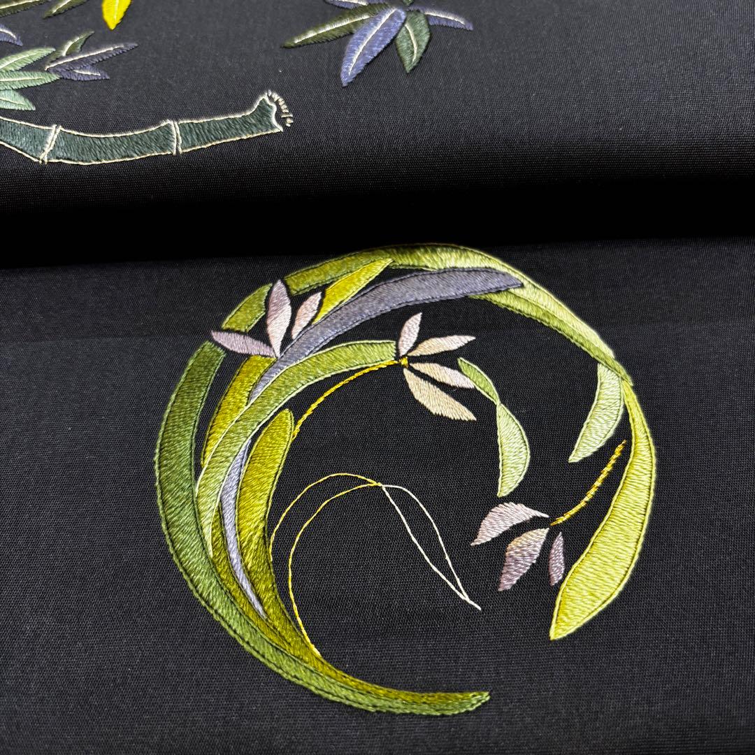 名古屋帯　九寸名古屋帯　濃紺に花丸　刺繍　開き名古屋　長さ366 o1588