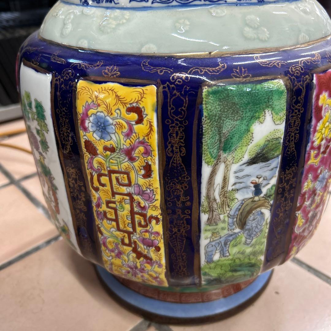 中国美術 青花琺瑯彩人物神獣纏枝花紋雙耳大瓶 高さ約50cm 旧家蔵出