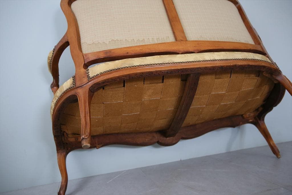 フランスアンティーク猫脚フレンチソファ/セティー/木製2人掛けイス(92-212