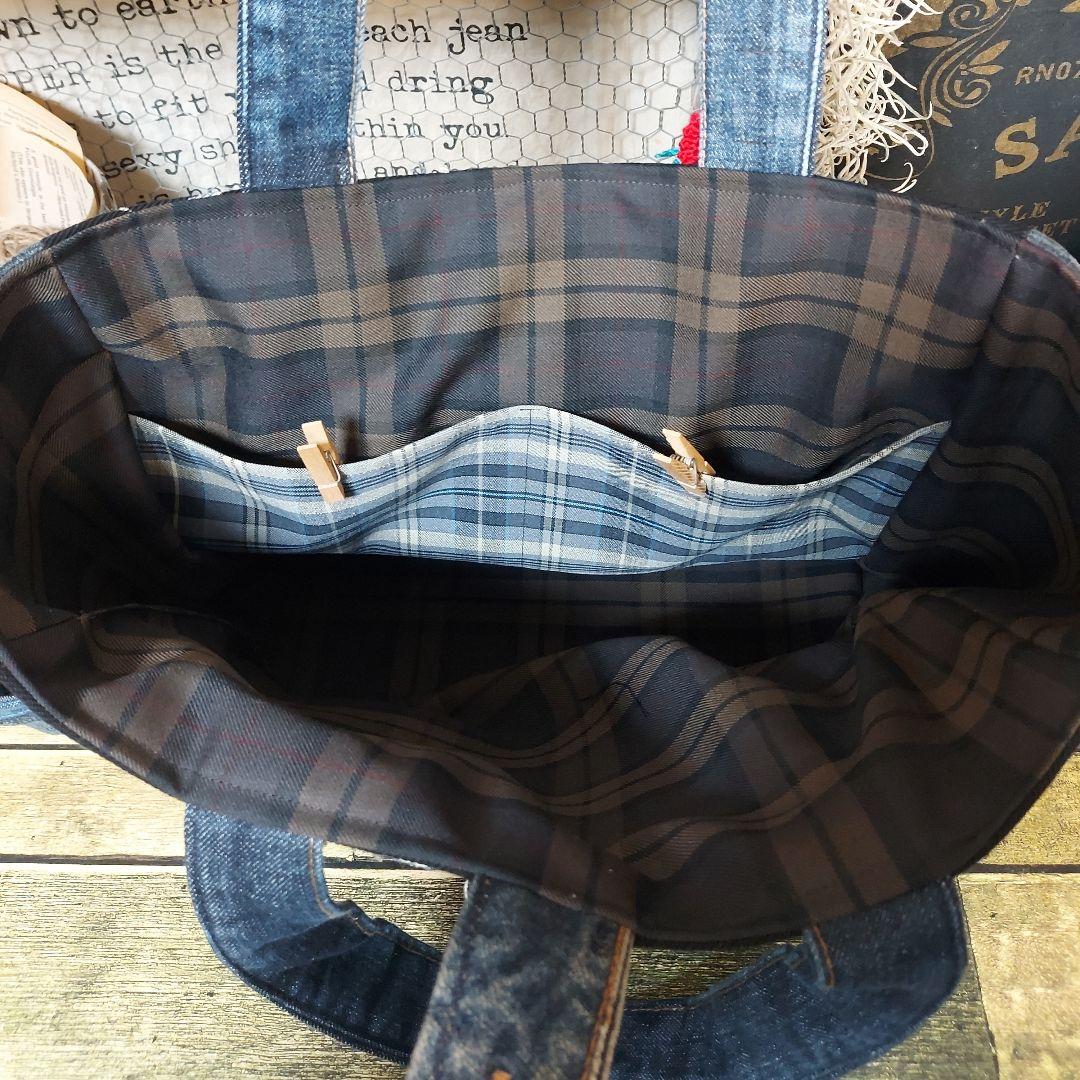 【Kal】大きな刺繍デニムバック　No.651　デニムリメイク　特大バック