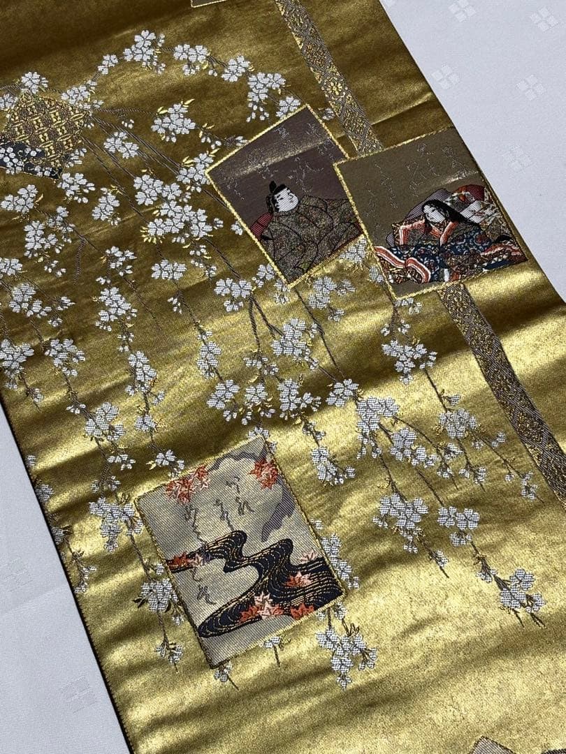 美品　和服帯　正絹　本金箔.献上源氏色紙文　袋帯　六通　早い者勝ち