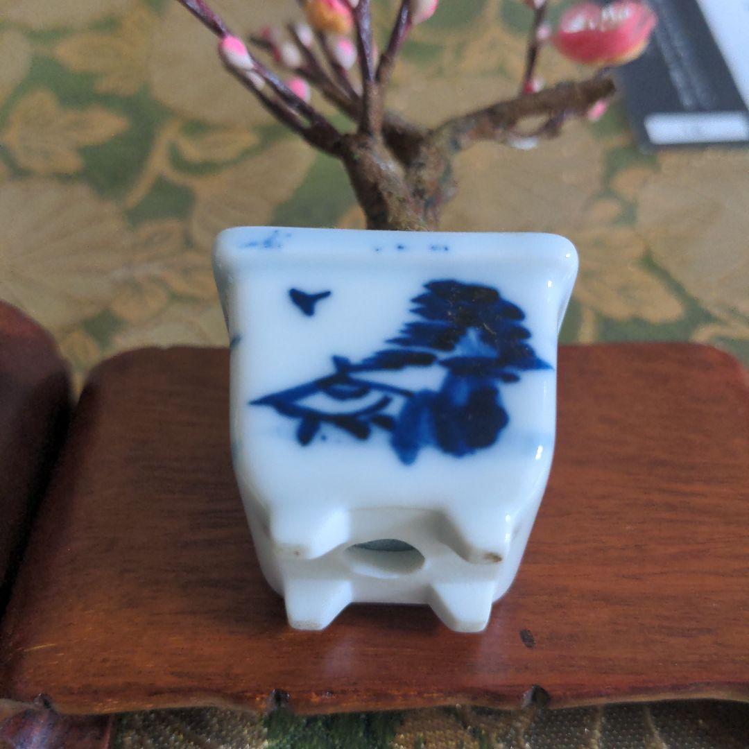 【最終価格】紅白梅豆盆栽（作り物）ミニサイズ 置物（花台付）一対