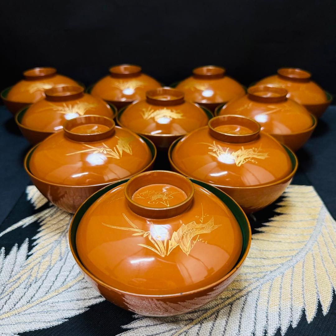 漆器　輪島塗　蒔絵金彩細工　沈金木製　蓋付椀　お煮物椀　吸物椀　10客　骨董品