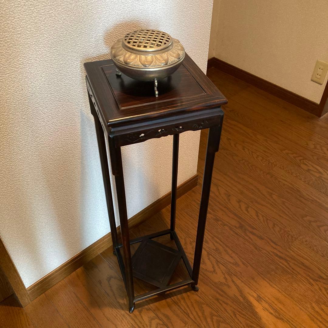 高級花台 紫檀　松竹梅透かし彫り　香炉台　飾卓　高足　約25x25x76.8cm