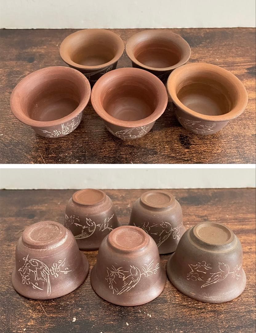 中国欽州窯花鳥紋 朱泥紫砂蓋物 急須 湯呑み5客茶器セット唐物『中国欽州』銘有り