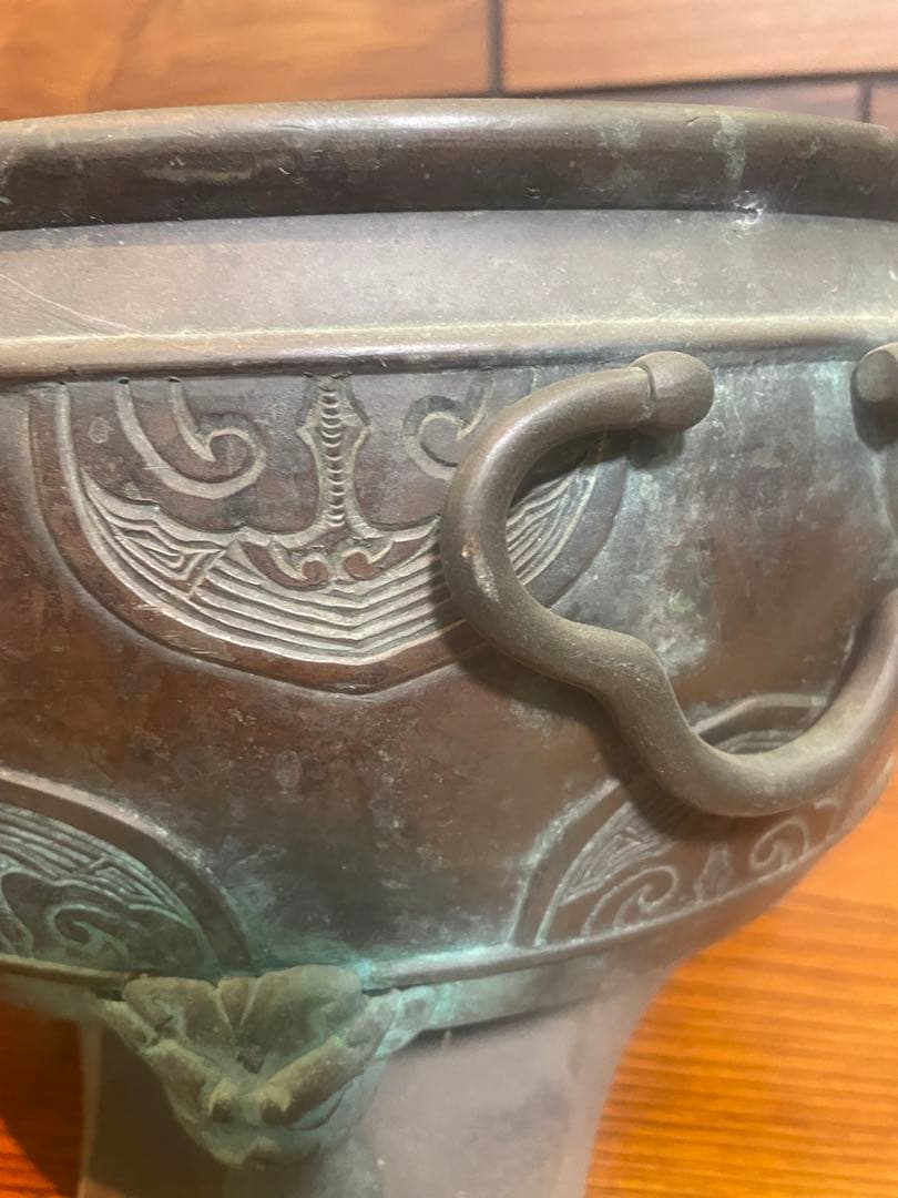 古銅　火鉢　獣三つ足　木台付き　骨董