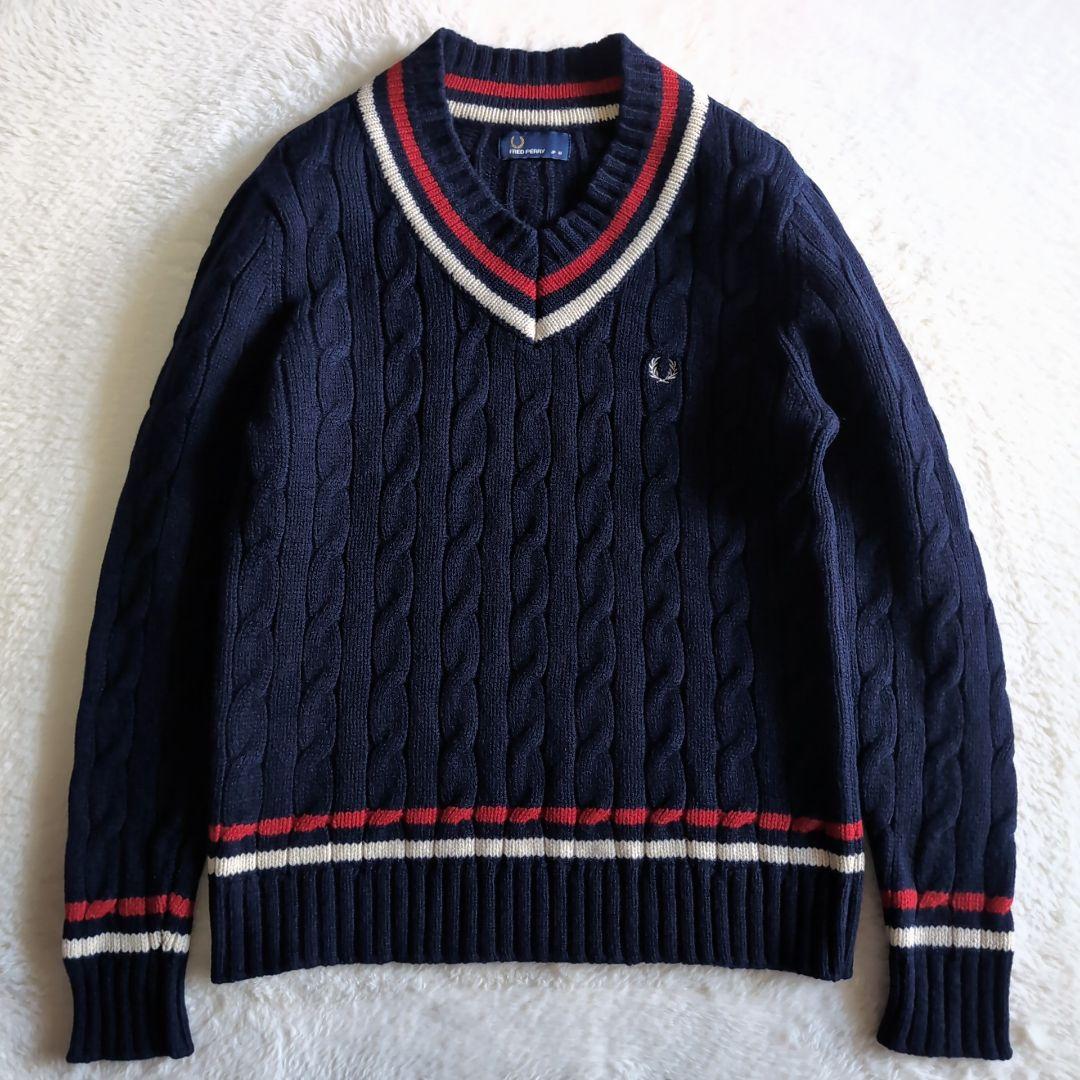 美品 フレッドペリー ウール ケーブル チルデンニット M ネイビー