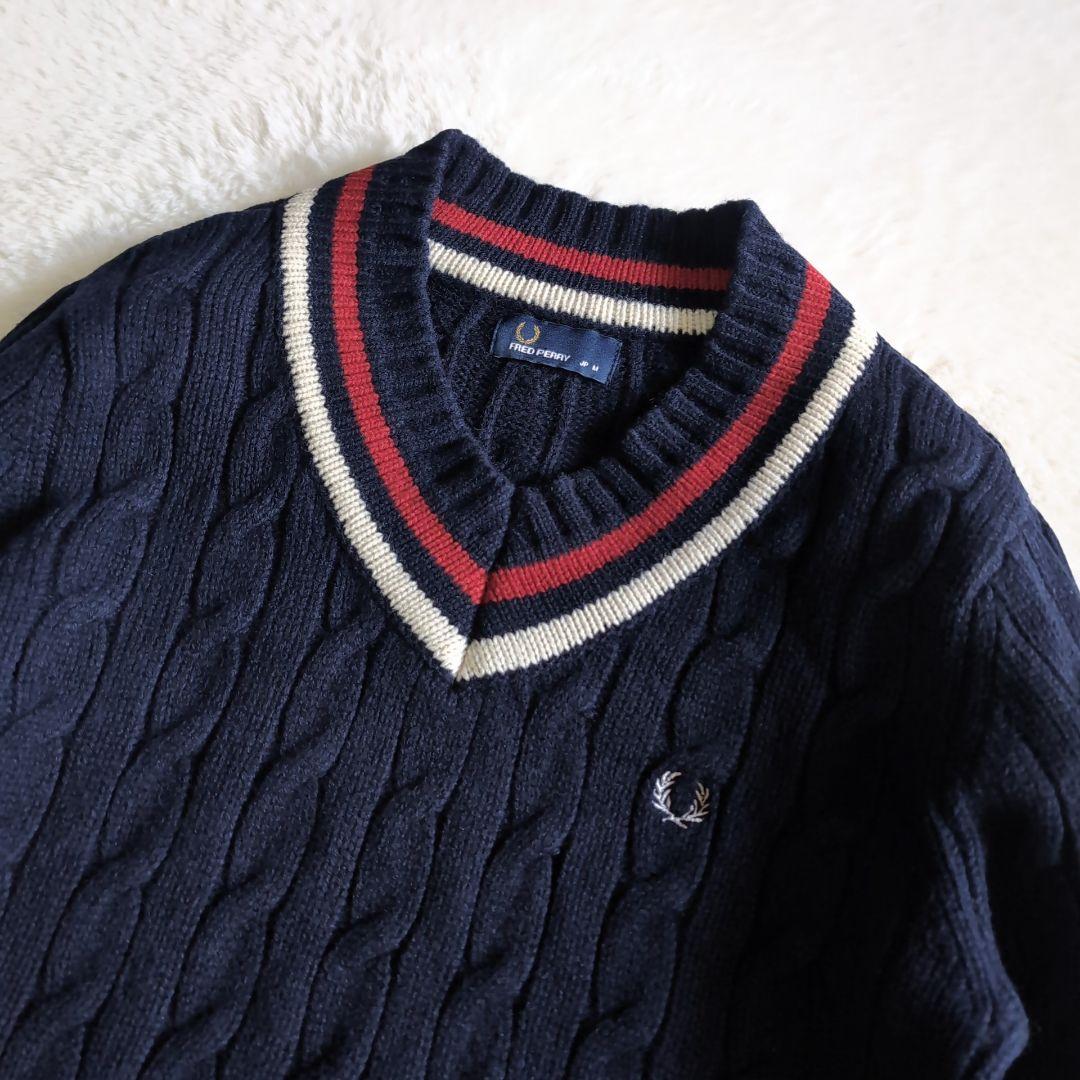 美品 フレッドペリー ウール ケーブル チルデンニット M ネイビー