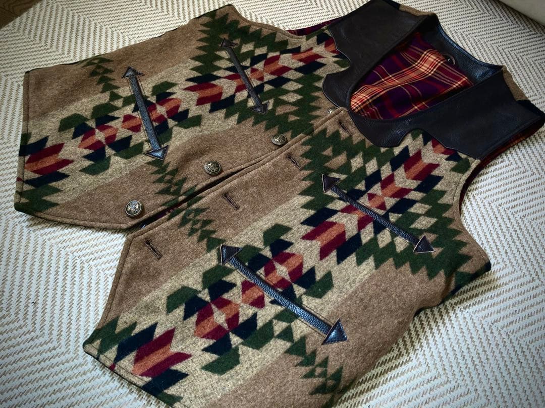 ウエスタン ナバホ柄 本革 ウール レザーベスト 新品 メンズ サイズL ￼