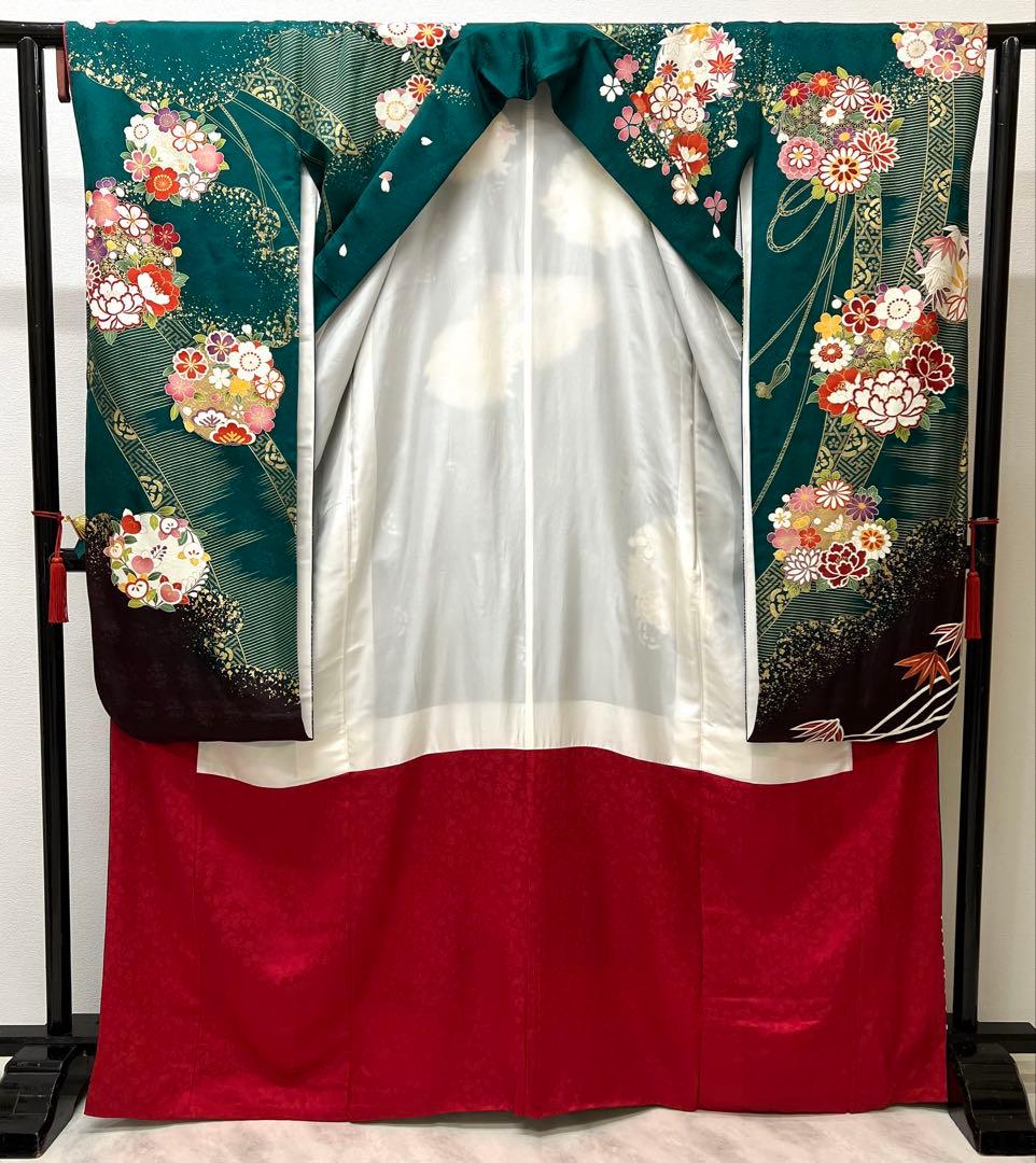 振り袖　フルセット　長襦袢付　成人式　グリーン　金彩加工　刺繍入り　744