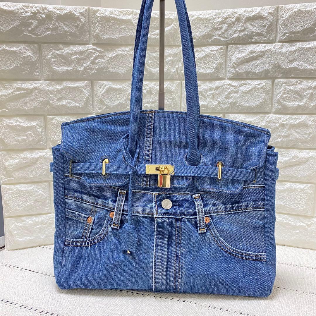 デニムリメイク フラップ付きトートバッグ　【Mサイズ】ミディアムブルー