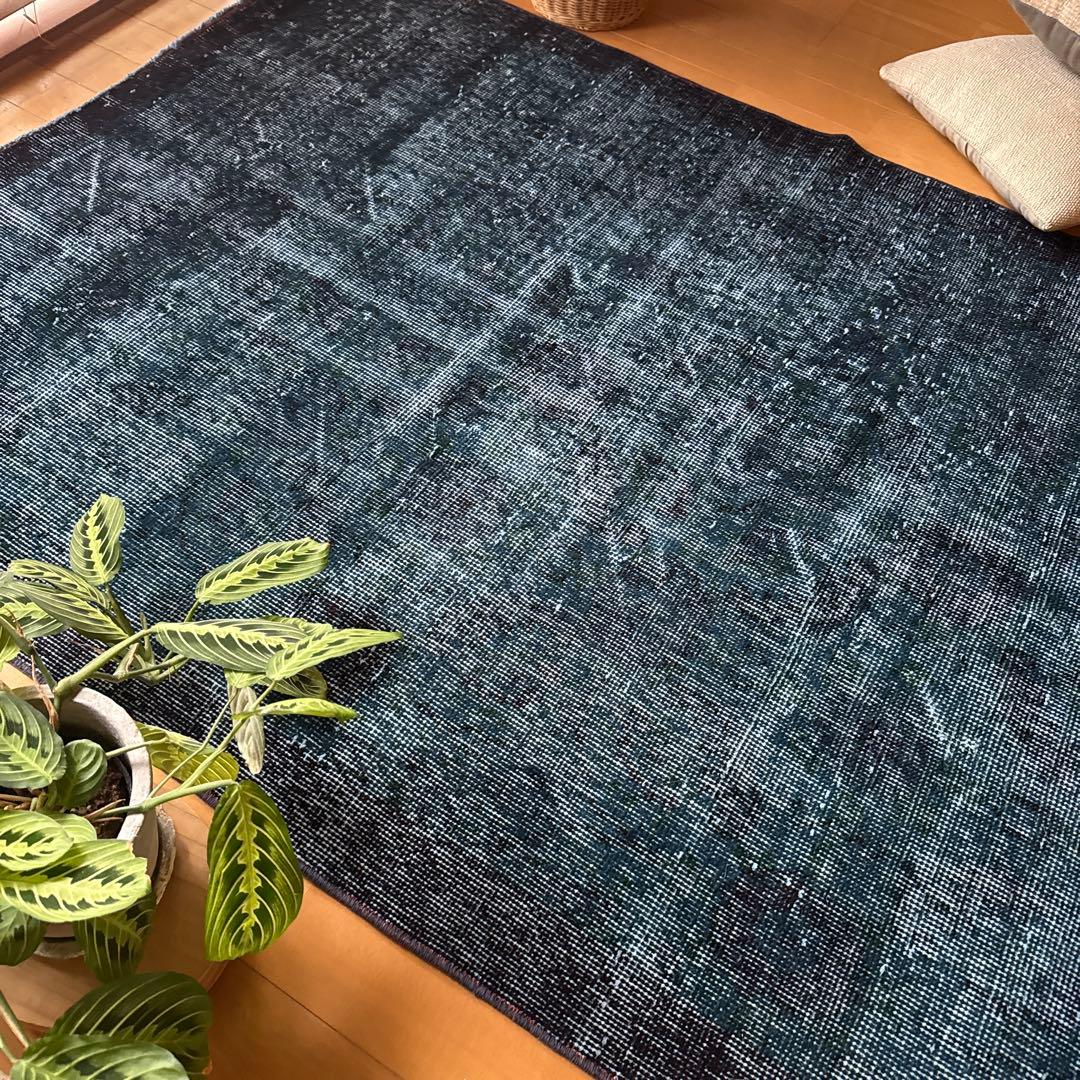 貴重110×198 デニムブルー藍色オーバーダイ　トルコヴィンテージラグ