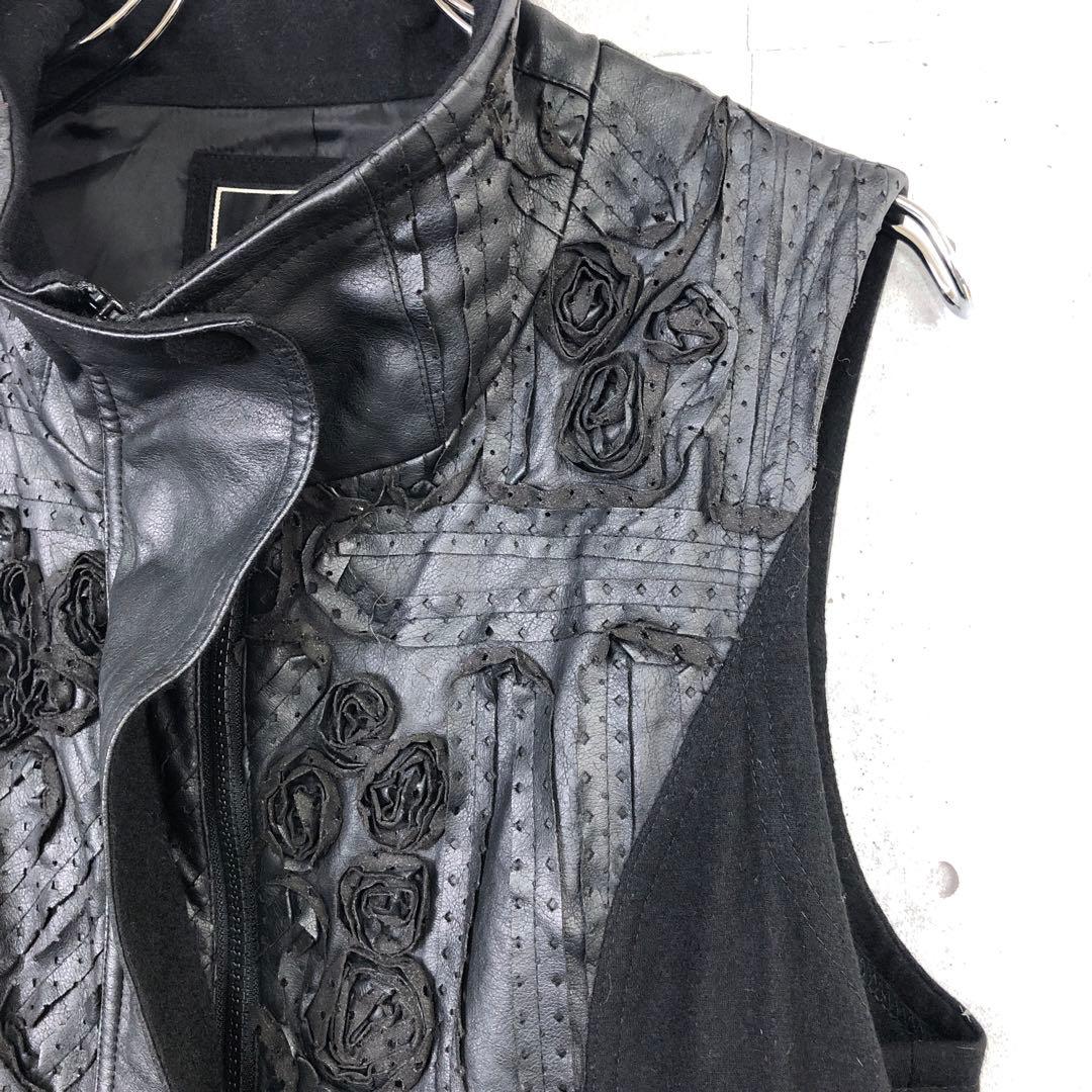 EIKO KONDO 花モチーフ フェイクレザー切替 ノースリーブワンピース