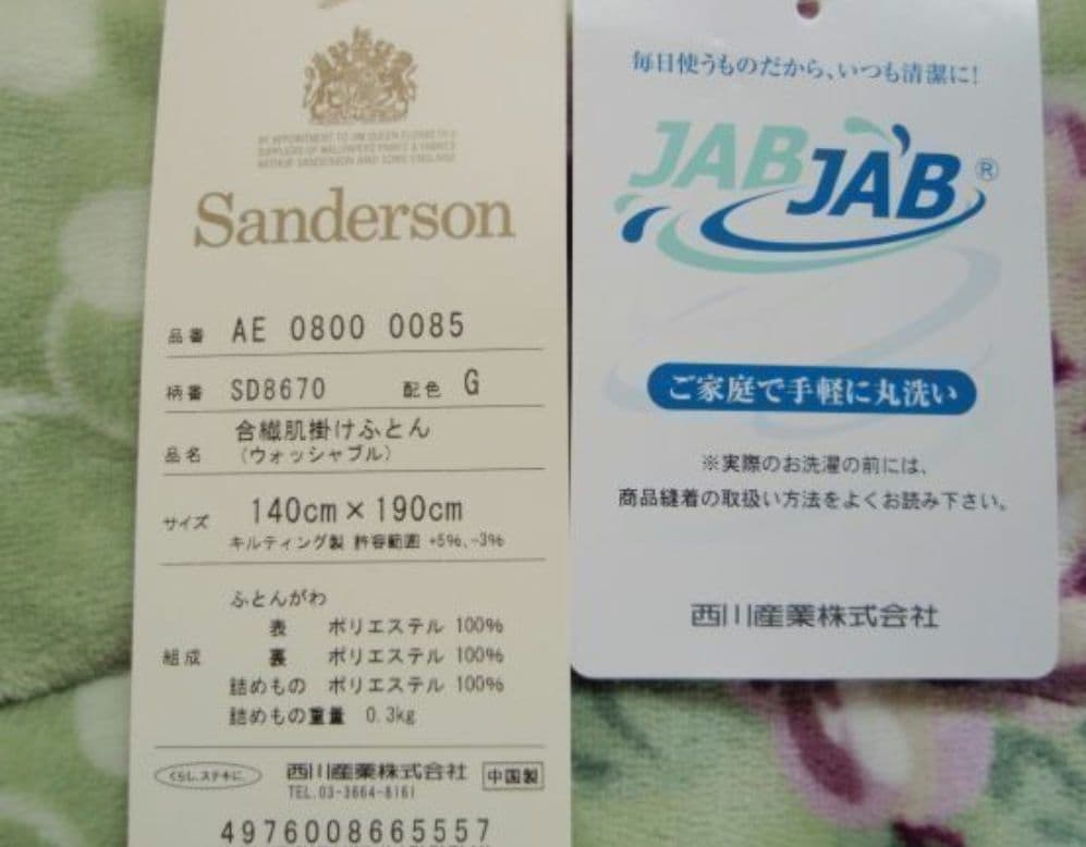 西川合繊肌掛け布団、サンダーソン、かわいいバラ柄、グリーン系