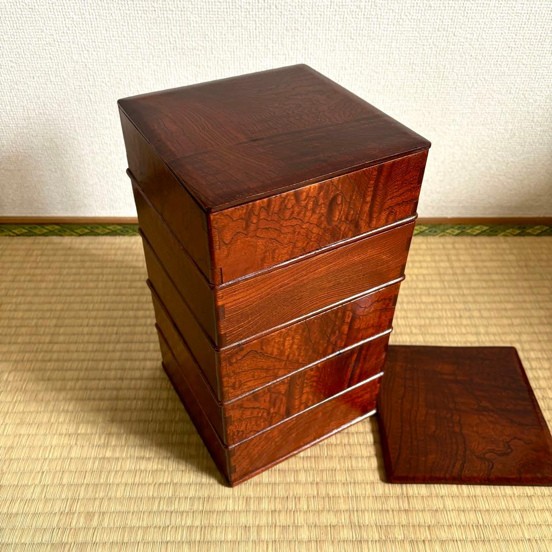 重箱　五段　木製　欅　古民芸　骨董　古美術　アンティーク　大正　昭和　工芸